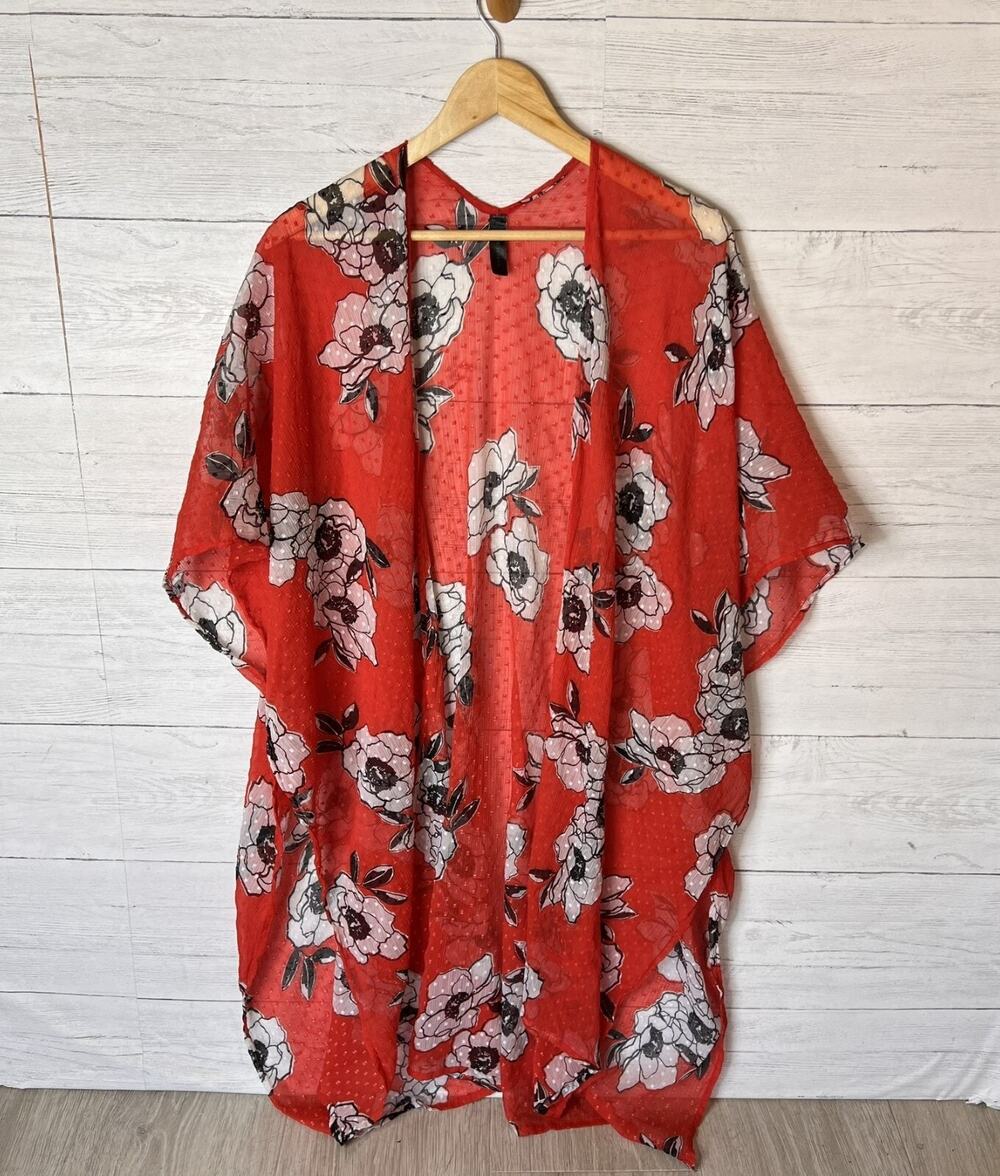 Lane Bryant Kimono Womens One Size Red Sheer Swiss Dot Floral Flowy Lightweight